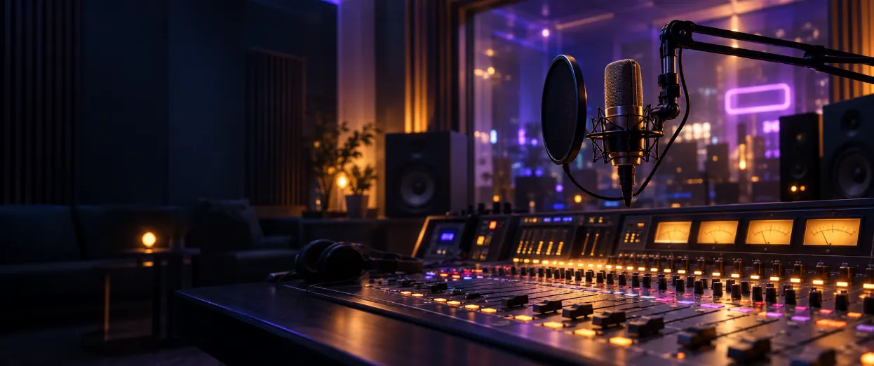 Radiostudio mit Mikrofon und On-Air-Leuchte